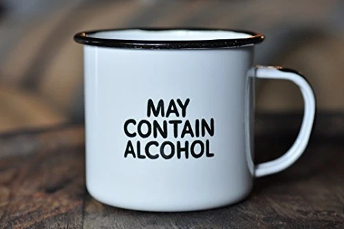 MAY CONTAIN ALCOHOL | Enamel"Coffee" Mug | Sarcastic Gift for Vodka, Gin, Bourbon, Wine and Beer Lovers | Great Office or Camping Cup for Dads, Moms, Campers, Tailgaters, Drinkers, and Travelers