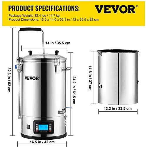 VEVOR Electric Brewing System, 9.2 Gal/35 L Brewing Pot, All-in-One Home Beer Brewer w/Pump