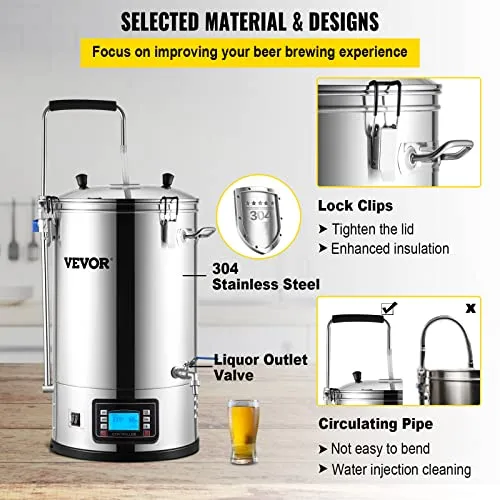 VEVOR Electric Brewing System, 9.2 Gal/35 L Brewing Pot, All-in-One Home Beer Brewer w/Pump