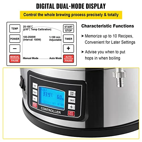 VEVOR Electric Brewing System, 9.2 Gal/35 L Brewing Pot, All-in-One Home Beer Brewer w/Pump