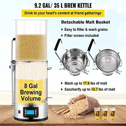 VEVOR Electric Brewing System, 9.2 Gal/35 L Brewing Pot, All-in-One Home Beer Brewer w/Pump