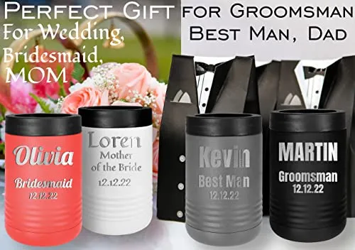 Personalized Stainless Steel Engraved Insulated Beverage Holder Customized Can Cooler with Custom Name Text – Wedding, Birthday, Corporate Gift (Black, Standard)