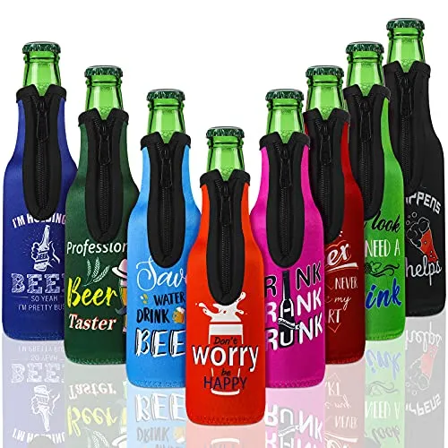 Summer Beer Bottle Insulator Sleeve with Zipper Neoprene Insulated Bottle Jackets Keep Warm and Cold Beer Bottle Sleeves with Stitched Fabric Edges for Party (8 Piece, Artsy Style)