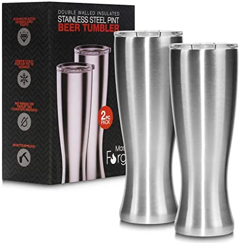 Mason Forge | Stainless Steel Pint Double Insulated Beer Tumbler | Double Wall Vacuum Insulated | Sweat & Condensation Free | HOT or COLD Beverages | Pilsner Style Glass | 16 Ounce |