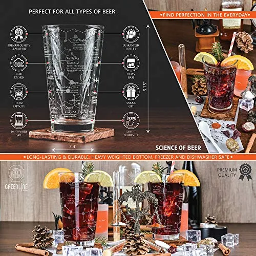 Greenline Goods Beer Glasses - 16 oz Pint Glass (Set of 2) – Science of Beer Glassware - Etched with Beer & Hops Chemistry Molecules