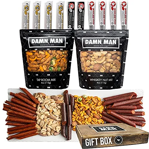 Nuts and Beef Jerky Gift Basket for Men, 12 Items – 10 Beef Sticks and 2 Unique Nut Flavors – Small Batch Gourmet Nuts Gift Basket with Jerky is Great Valentines Day Gift for Him