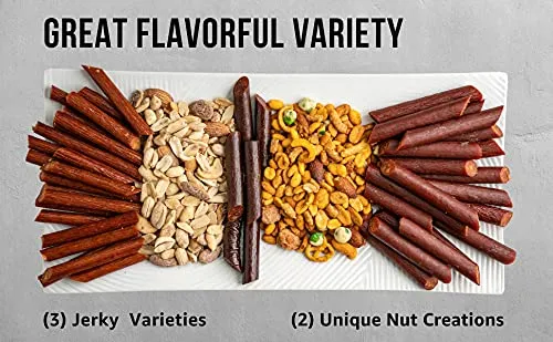 Nuts and Beef Jerky Gift Basket for Men, 12 Items – 10 Beef Sticks and 2 Unique Nut Flavors – Small Batch Gourmet Nuts Gift Basket with Jerky is Great Valentines Day Gift for Him