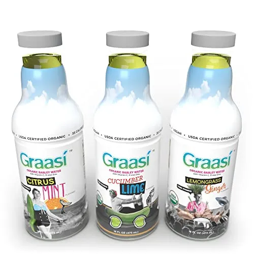 Graasi Sample Pack Barley Water, All 3 Flavors: Citrus Mint, Cucumber Lime, Lemongrass Ginger, 3 Bottles, 16 Ounces Each