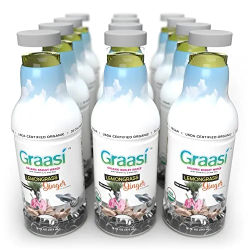 Graasi | Organic Barley Grass Water | Functional | Hydration | USDA Certified | NON-GMO | Gluten-Free | Plant-Based | Vegan | Lemongrass Ginger| 35 calories | 12 pack bottles | 16 oz each
