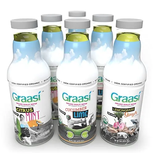 Graasi | Organic Barley Grass Water | Functional | Hydration | USDA Certified | NON-GMO | Gluten-Free | Plant-Based | Vegan | Variety Pack| 35 calories | 6 pack bottles | 16 oz each
