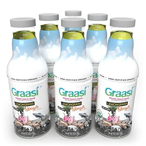 Graasi | Organic Barley Grass Water | Functional | Hydration | USDA Certified | NON-GMO | Gluten-Free | Plant-Based | Vegan | Lemongrass Ginger | 35 calories | 6 pack bottles | 16 oz each