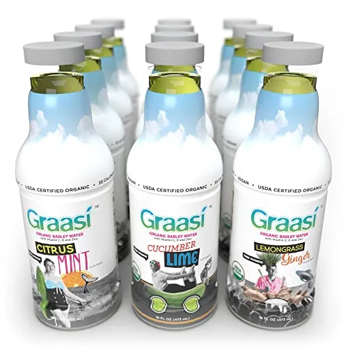 Graasi Variety Pack Barley Water, All 3 Flavors: Citrus Mint, Cucumber Lime, Lemongrass Ginger, 12 Bottles, 16 Ounces Each