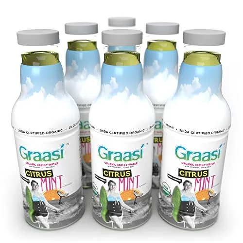 Graasi | Organic Barley Grass Water | Functional | Hydration | USDA Certified | NON-GMO | Gluten-Free | Plant-Based | Vegan | Citrus Mint | 35 calories | 6 pack bottles | 16 oz each