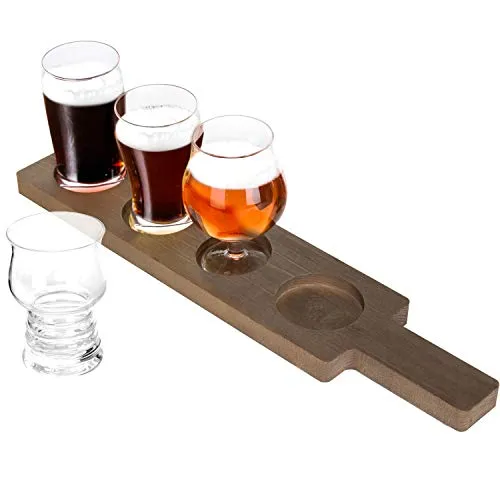 MyGift 5-Piece Beer Tasting Flight Board Set Includes 4 Beer Glasses and Wood Paddle Serving Tray, Each Glass Holds 5 oz