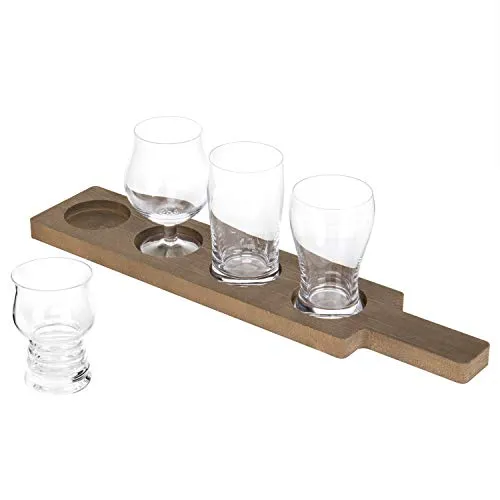 MyGift 5-Piece Beer Tasting Flight Board Set Includes 4 Beer Glasses and Wood Paddle Serving Tray, Each Glass Holds 5 oz