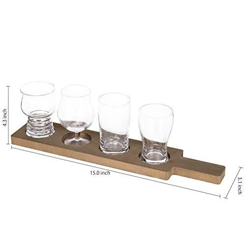 MyGift 5-Piece Beer Tasting Flight Board Set Includes 4 Beer Glasses and Wood Paddle Serving Tray, Each Glass Holds 5 oz