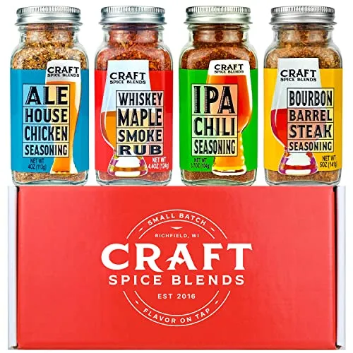 Craft Spice Blends Gift Set (Grilling Seasonings & Rubs, Gifts for Men & Women) - Includes Whiskey Maple Smoke Rub, Ale House Chicken Seasoning, Bourbon Barrel Steak Seasoning, and IPA Chili Seasoning