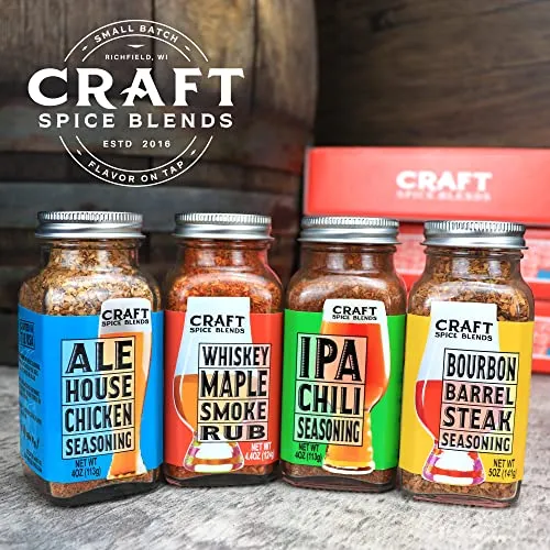 Craft Spice Blends Gift Set (Grilling Seasonings & Rubs, Gifts for Men & Women) - Includes Whiskey Maple Smoke Rub, Ale House Chicken Seasoning, Bourbon Barrel Steak Seasoning, and IPA Chili Seasoning
