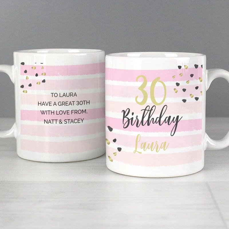 Personalised Birthday Gold And Pink Stripe Mug