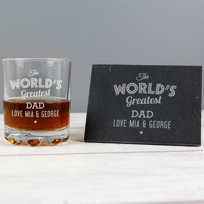 Personalised "The Worlds Greatest" Whisky Tumbler & Slate Coaster Set