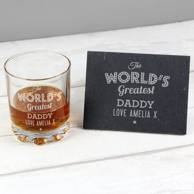 Personalised "The Worlds Greatest" Whisky Tumbler & Slate Coaster Set