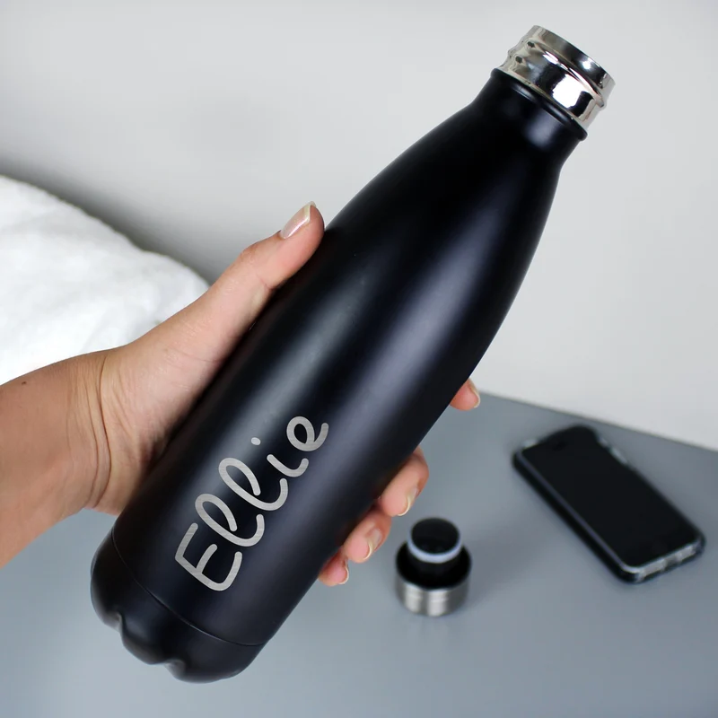 Personalised Name Only Island Black Metal Insulated Drinks Bottle
