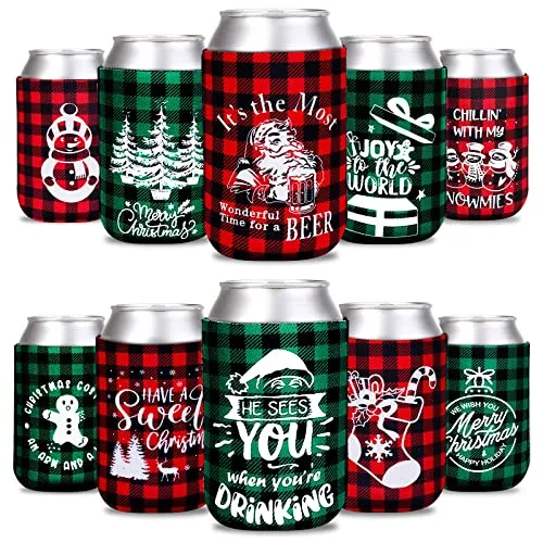 Whaline 12pcs Christmas Beer Can Cooler Sleeves Red Green Black Plaid Can Sleeves Can Cover for Beverages, Bottle, Drink Christmas Party Decorations Supplies, Joy to the World Gingerbread Snowflake