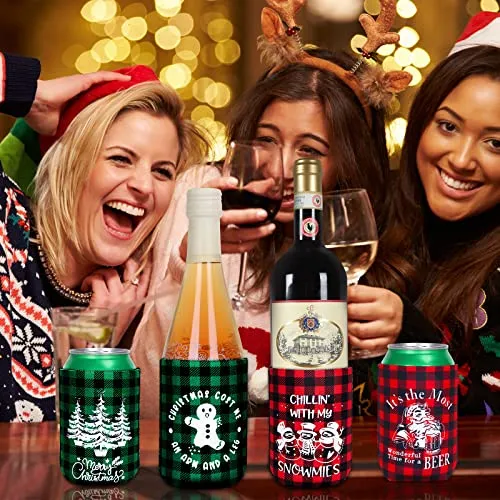 Whaline 12pcs Christmas Beer Can Cooler Sleeves Red Green Black Plaid Can Sleeves Can Cover for Beverages, Bottle, Drink Christmas Party Decorations Supplies, Joy to the World Gingerbread Snowflake