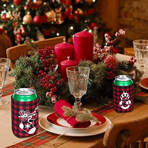 Whaline 12pcs Christmas Beer Can Cooler Sleeves Red Green Black Plaid Can Sleeves Can Cover for Beverages, Bottle, Drink Christmas Party Decorations Supplies, Joy to the World Gingerbread Snowflake