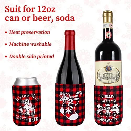 Whaline 12pcs Christmas Beer Can Cooler Sleeves Red Green Black Plaid Can Sleeves Can Cover for Beverages, Bottle, Drink Christmas Party Decorations Supplies, Joy to the World Gingerbread Snowflake