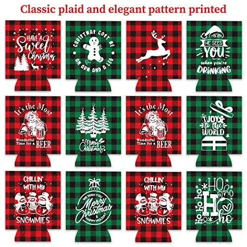Whaline 12pcs Christmas Beer Can Cooler Sleeves Red Green Black Plaid Can Sleeves Can Cover for Beverages, Bottle, Drink Christmas Party Decorations Supplies, Joy to the World Gingerbread Snowflake