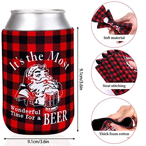 Whaline 12pcs Christmas Beer Can Cooler Sleeves Red Green Black Plaid Can Sleeves Can Cover for Beverages, Bottle, Drink Christmas Party Decorations Supplies, Joy to the World Gingerbread Snowflake