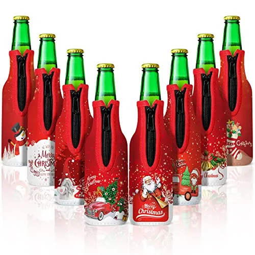 8 Pack Christmas Beer Bottle Insulator Sleeve with Ring Zipper Xmas Holiday Neoprene Insulated Bottle Jackets Reusable Keep Warm and Cold Beer Bottle Sleeves with Stitched Fabric Edges