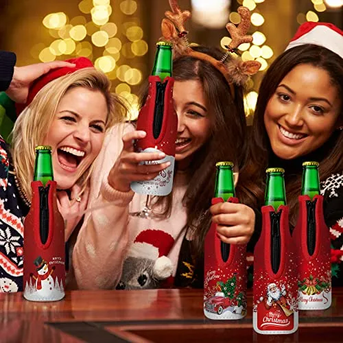 8 Pack Christmas Beer Bottle Insulator Sleeve with Ring Zipper Xmas Holiday Neoprene Insulated Bottle Jackets Reusable Keep Warm and Cold Beer Bottle Sleeves with Stitched Fabric Edges