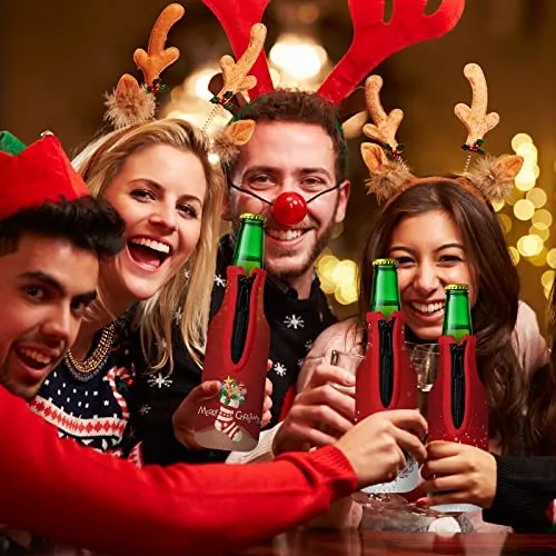 8 Pack Christmas Beer Bottle Insulator Sleeve with Ring Zipper Xmas Holiday Neoprene Insulated Bottle Jackets Reusable Keep Warm and Cold Beer Bottle Sleeves with Stitched Fabric Edges