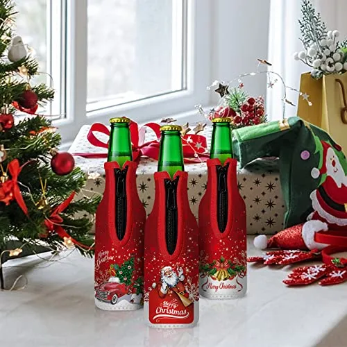 8 Pack Christmas Beer Bottle Insulator Sleeve with Ring Zipper Xmas Holiday Neoprene Insulated Bottle Jackets Reusable Keep Warm and Cold Beer Bottle Sleeves with Stitched Fabric Edges
