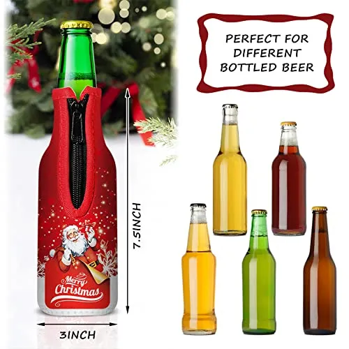 8 Pack Christmas Beer Bottle Insulator Sleeve with Ring Zipper Xmas Holiday Neoprene Insulated Bottle Jackets Reusable Keep Warm and Cold Beer Bottle Sleeves with Stitched Fabric Edges
