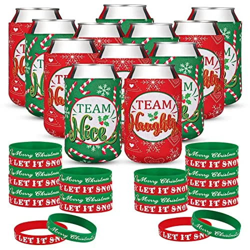 36 Pcs Christmas Neoprene Bottle Insulator Sleeve Christmas Silicone Bracelets Set Includes 12 Team Naughty & Nice Beer Can Coolers Sleeves Drink Holders 24 Christmas Wristbands Christmas Party Favors