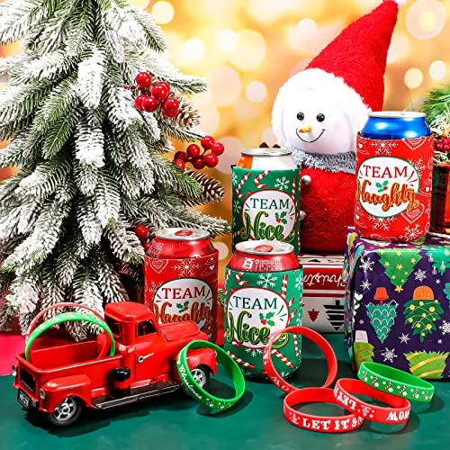 36 Pcs Christmas Neoprene Bottle Insulator Sleeve Christmas Silicone Bracelets Set Includes 12 Team Naughty & Nice Beer Can Coolers Sleeves Drink Holders 24 Christmas Wristbands Christmas Party Favors
