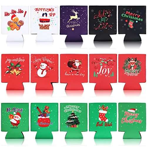 15 Pieces Christmas Beer Covers Christmas Beer Can Coolers Sleeves Xmas Holiday Can Insulated Covers Neoprene Can Coolers Collapsible Reusable Bottle Sleeves Christmas Party Supplies for Winter Party