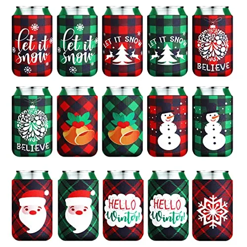 15 Pcs Christmas Neoprene Beer Can Cooler Sleeves Neoprene Drinks Cooler 12 oz Beverages Canister Cooler Sleeves Bottle Insulated Covers for Weddings Christmas Party Decorations Xmas Holiday Gifts