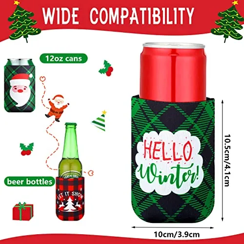 15 Pcs Christmas Neoprene Beer Can Cooler Sleeves Neoprene Drinks Cooler 12 oz Beverages Canister Cooler Sleeves Bottle Insulated Covers for Weddings Christmas Party Decorations Xmas Holiday Gifts