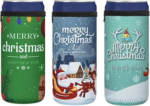 CaSZLUTION 3PCS Christmas Drink Can Sleeves Slim Beer Can Cooler Insulators Neoprene Slim Can Skin Covers 12OZ Beer Bottle Sleeves Holder Xmas Neoprene Can Coolier Sleeve