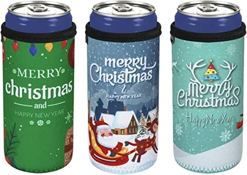 CaSZLUTION 3PCS Christmas Drink Can Sleeves Slim Beer Can Cooler Insulators Neoprene Slim Can Skin Covers 12OZ Beer Bottle Sleeves Holder Xmas Neoprene Can Coolier Sleeve