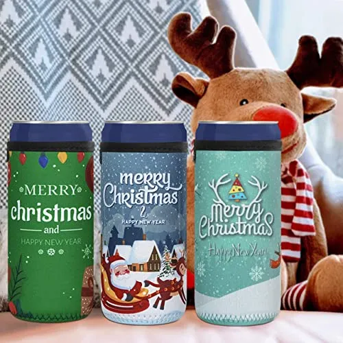 CaSZLUTION 3PCS Christmas Drink Can Sleeves Slim Beer Can Cooler Insulators Neoprene Slim Can Skin Covers 12OZ Beer Bottle Sleeves Holder Xmas Neoprene Can Coolier Sleeve