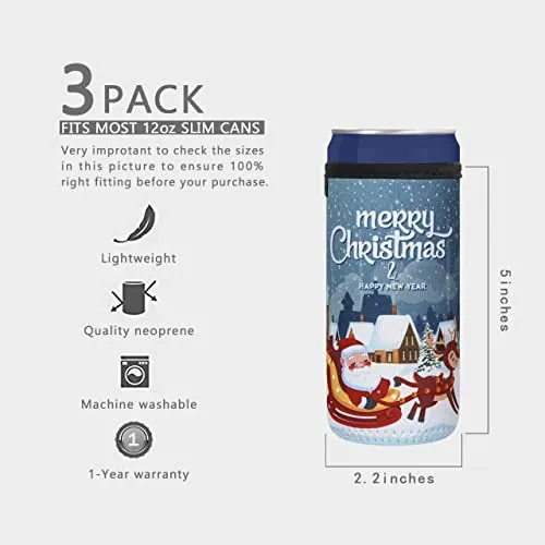 CaSZLUTION 3PCS Christmas Drink Can Sleeves Slim Beer Can Cooler Insulators Neoprene Slim Can Skin Covers 12OZ Beer Bottle Sleeves Holder Xmas Neoprene Can Coolier Sleeve