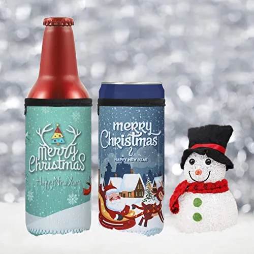 CaSZLUTION 3PCS Christmas Drink Can Sleeves Slim Beer Can Cooler Insulators Neoprene Slim Can Skin Covers 12OZ Beer Bottle Sleeves Holder Xmas Neoprene Can Coolier Sleeve