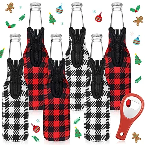 6 Pcs Christmas Plaid Beer Bottle Sleeves Neoprene Plaid Bottle Covers Slim Bottle Holder with Zipper Christmas Bottle Cover Insulated Bottle Coolers Bottle Opener for Beverage, 12 oz (Plaid)