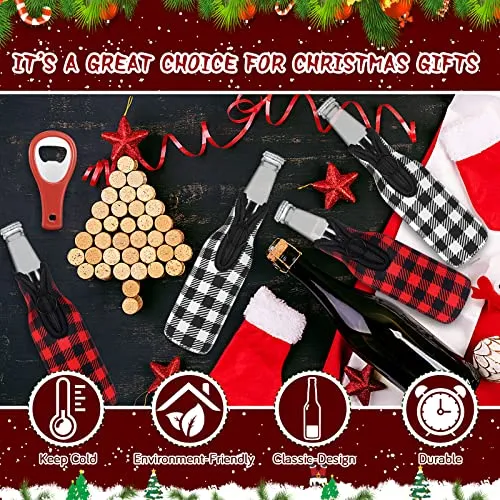 6 Pcs Christmas Plaid Beer Bottle Sleeves Neoprene Plaid Bottle Covers Slim Bottle Holder with Zipper Christmas Bottle Cover Insulated Bottle Coolers Bottle Opener for Beverage, 12 oz (Plaid)