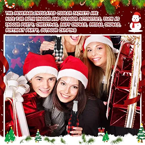 6 Pcs Christmas Plaid Beer Bottle Sleeves Neoprene Plaid Bottle Covers Slim Bottle Holder with Zipper Christmas Bottle Cover Insulated Bottle Coolers Bottle Opener for Beverage, 12 oz (Plaid)